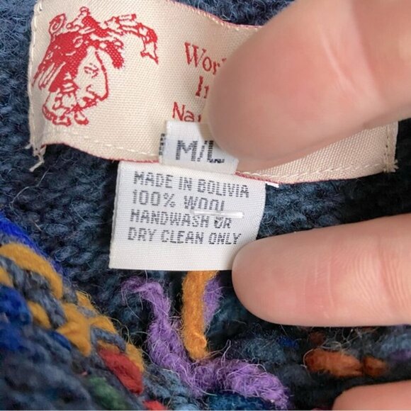 Vintage World Folk Art Imports Blue Wool Knit Sweater With Rainbow Fringe Trim M - Picture 4 of 15